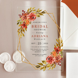Burnt Orange Floral Gold Frame Fall Bridal Shower Acrylic Invitations