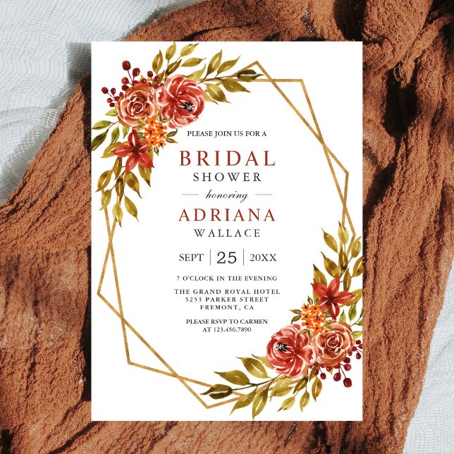Burnt Orange Floral Gold Frame Fall Bridal Shower Invitation (Creator Uploaded)