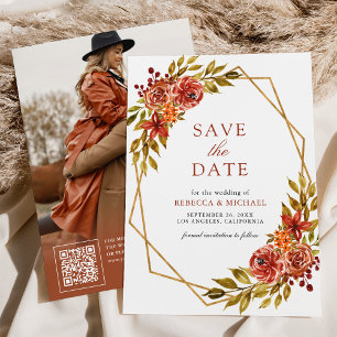 Burnt Orange Floral Gold Frame Fall Wedding Photo Save The Date
