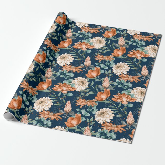 Burnt Orange Floral Greenery Pattern Wrapping Paper (Unrolled)