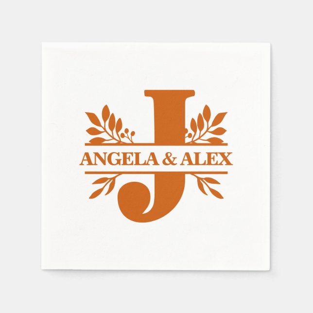Burnt Orange Floral Leaves Split Monogram J Napkin (Front)