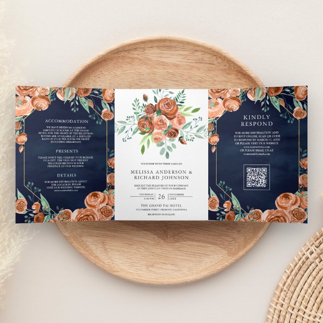 Burnt Orange Floral Navy Blue QR Code Wedding Tri-Fold Invitation (Creator Uploaded)
