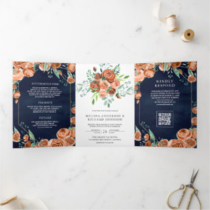Burnt Orange Floral Navy Blue QR Code Wedding Tri-Fold Invitation