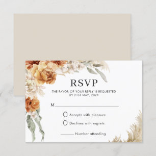 Burnt Orange Floral Pampas Boho Wedding  RSVP Card