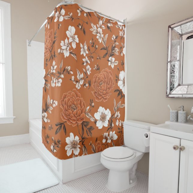 Burnt Orange Floral Pattern Shower Curtain (In Situ)
