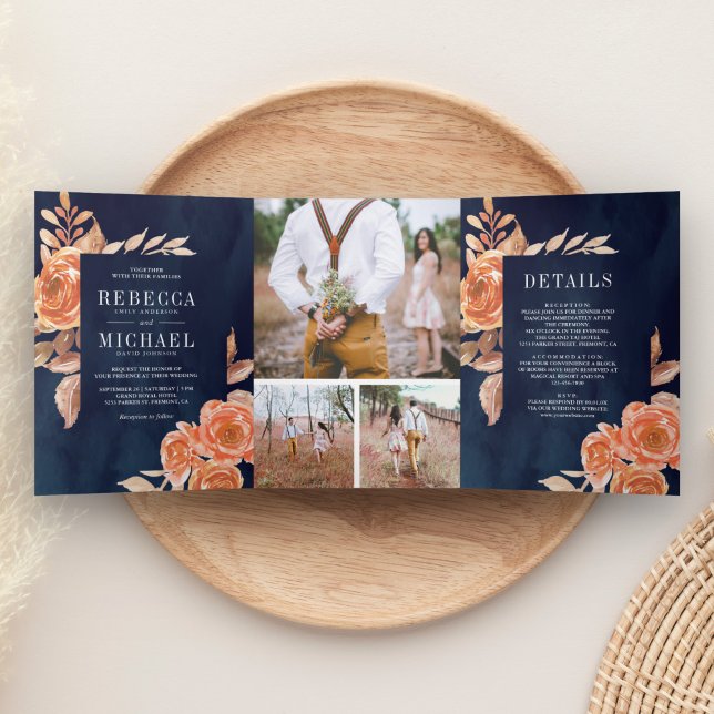 Burnt Orange Floral Photo Collage Navy Wedding Tri-Fold Invitation (Creator Uploaded)