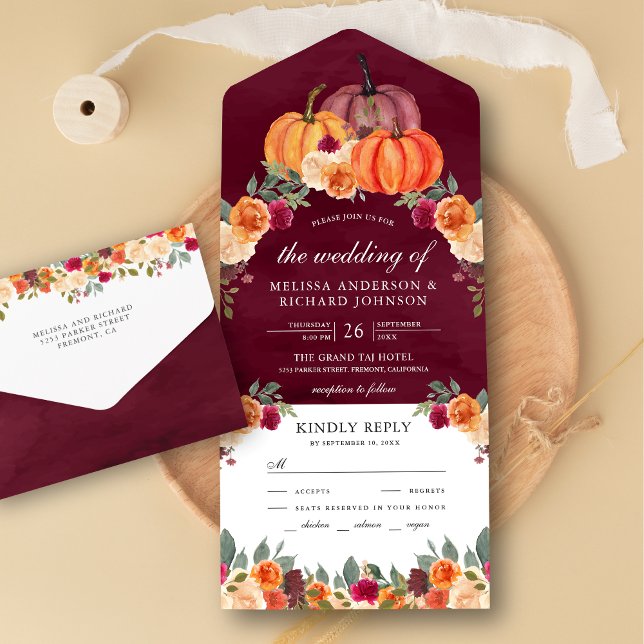 Burnt Orange Floral Pumpkin Burgundy Wedding All In One Invitation (Creator Uploaded)