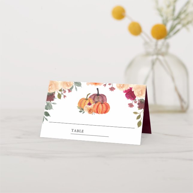Burnt Orange Floral Pumpkin Burgundy Wedding Place Card (Front)