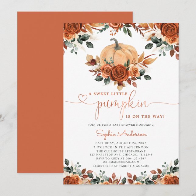 Burnt Orange Floral Pumpkin Fall Baby Shower Invitation (Front/Back)