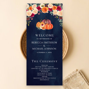 Burnt Orange Floral Pumpkin Navy Wedding Program