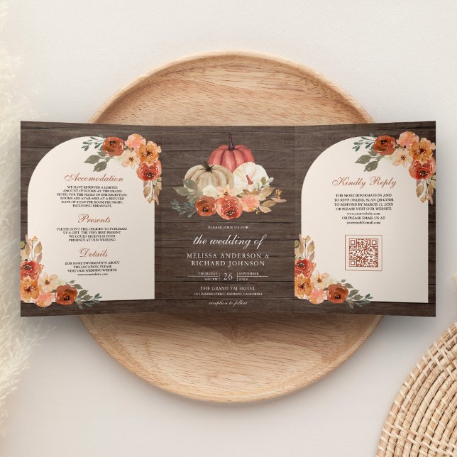 Burnt Orange Floral Pumpkin QR Code Wood Wedding Tri-Fold Invitation (Creator Uploaded)