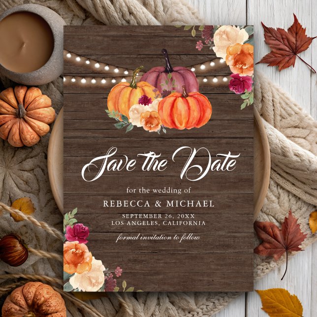 Burnt Orange Floral Pumpkin Wood Wedding Save The Date (Creator Uploaded)