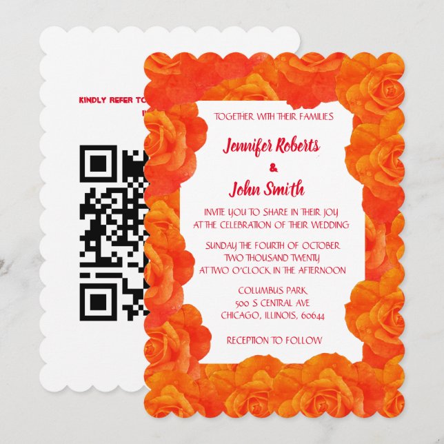 Burnt Orange Floral QR Code Rose Flowers Wedding Invitation (Front/Back)