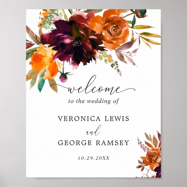Burnt Orange Floral Rustic Fall Welcome Wedding Poster (Front)
