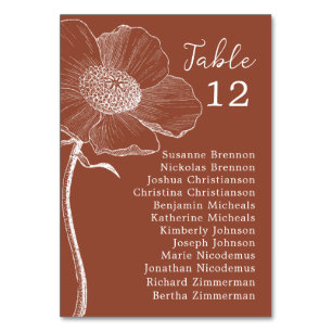 Burnt Orange Floral Wedding Chart Table Number