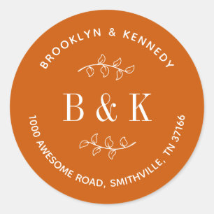 Burnt Orange Floral Wedding Couple Return Address Classic Round Sticker