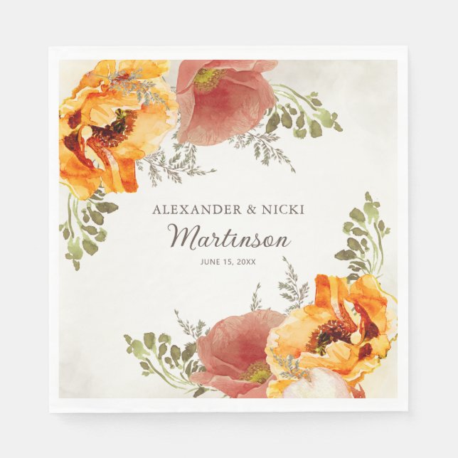 Burnt Orange Floral Wedding Reception Bride Groom Napkin (Front)