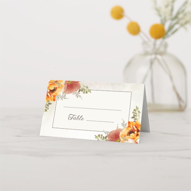 Burnt Orange Floral Wedding Reception  Place Card (Front)