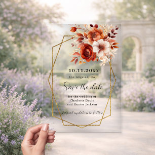 Burnt orange floral wedding Save the Date Card Acrylic Invitations