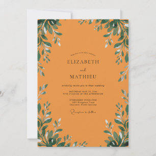 Burnt Orange Foliage Grey Eucalyptus Wedding Invitation