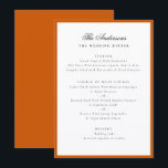 Burnt Orange Frame Calligraphy Name Wedding Dinner Menu<br><div class="desc">Complete your wedding tablescape with the Elegant Family Name Burnt Orange Frame Wedding Dinner Menu. This sophisticated design features your family name in graceful calligraphy script, beautifully framed by a bold burnt orange terracotta border that blends timeless elegance with a modern touch. The minimalist layout and refined typography create a...</div>
