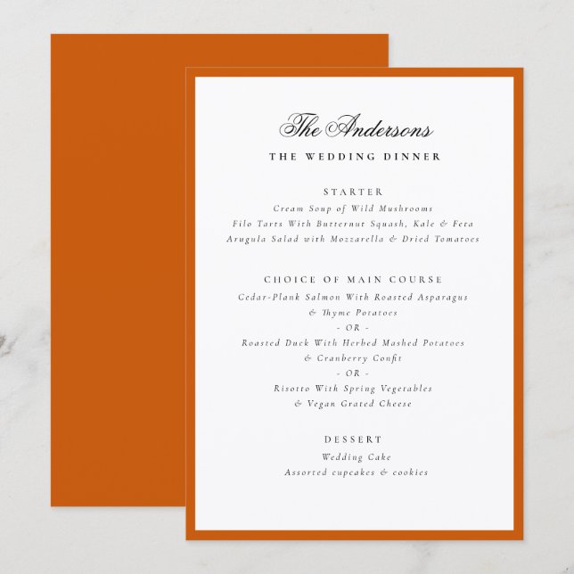 Burnt Orange Frame Calligraphy Name Wedding Dinner Menu (Front/Back)