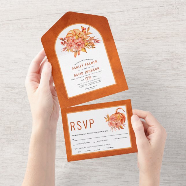 Burnt orange frame, flowers, pumpkin fall wedding  all in one invitation (Tearaway)