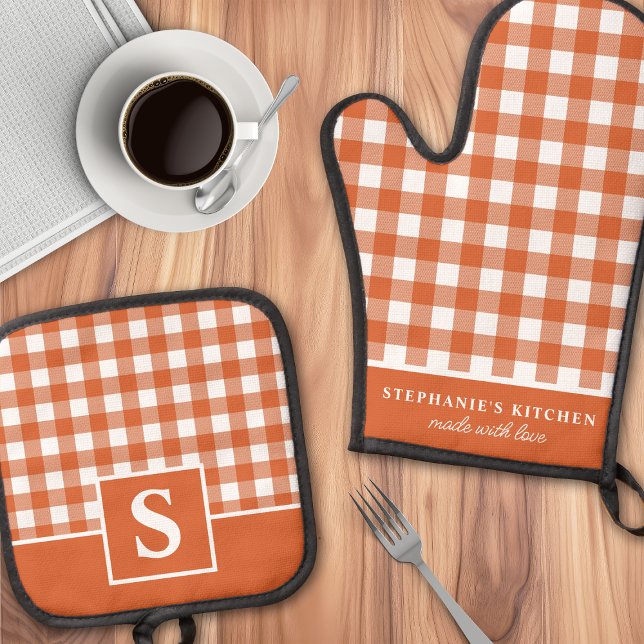 Burnt Orange Gingham Plaid Chequered Monogrammed Oven Mitt & Pot Holder Set (Creator Uploaded)