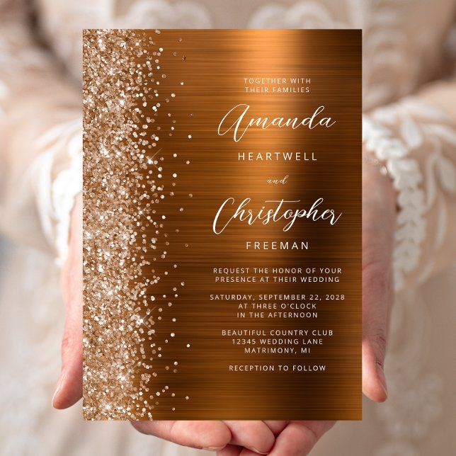 Burnt Orange Glam Brushed Metal Glitter Wedding Invitation (Creator Uploaded)