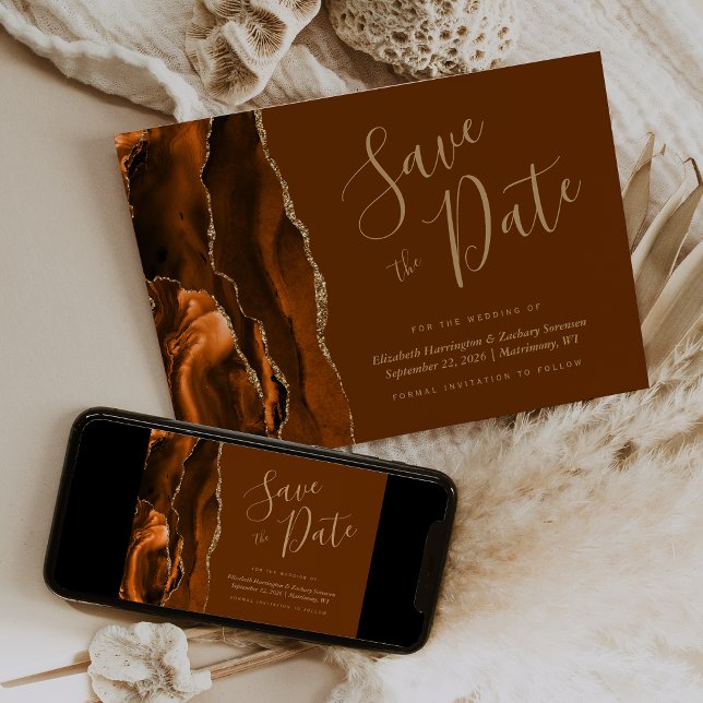 Burnt Orange Gold Agate Brown Save the Date Invitation (Creator Uploaded)