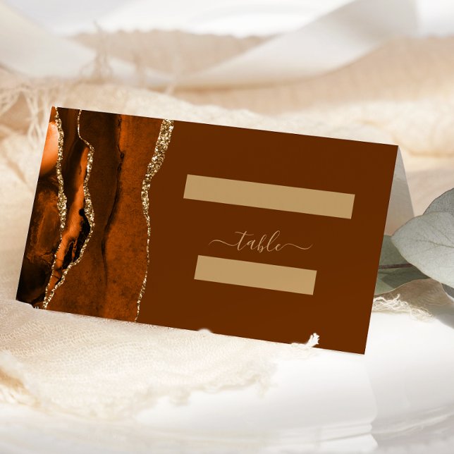 Burnt Orange Gold Agate Brown Wedding Table Place Card (Creator Uploaded)
