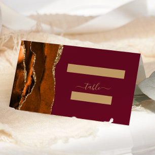 Burnt Orange Gold Agate Burgundy Wedding Place Card