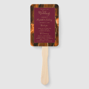 Burnt Orange Gold Agate Burgundy Wedding Program Hand Fan