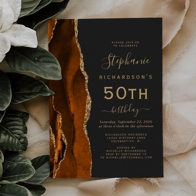 Burnt Orange Gold Agate Dark 50th Birthday Party Invitation (Creator Uploaded)