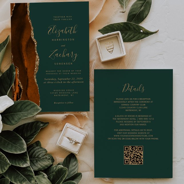 Burnt Orange Gold Agate Dark Green QR Code Wedding Invitation (Creator Uploaded)