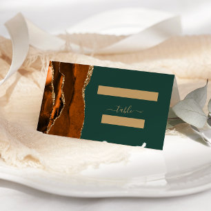 Burnt Orange Gold Agate Dark Green Wedding Place Card