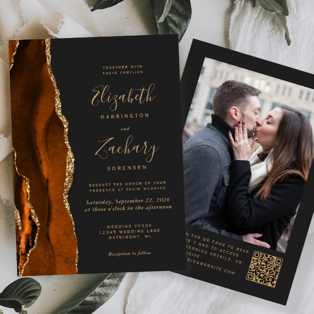 Burnt Orange Gold Agate Dark Photo QR Code Wedding Invitation (Creator Uploaded)