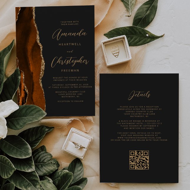 Burnt Orange Gold Agate Dark QR Code Wedding Invitation (Creator Uploaded)