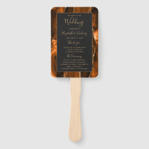 Burnt Orange Gold Agate Dark Wedding Program Hand Fan
