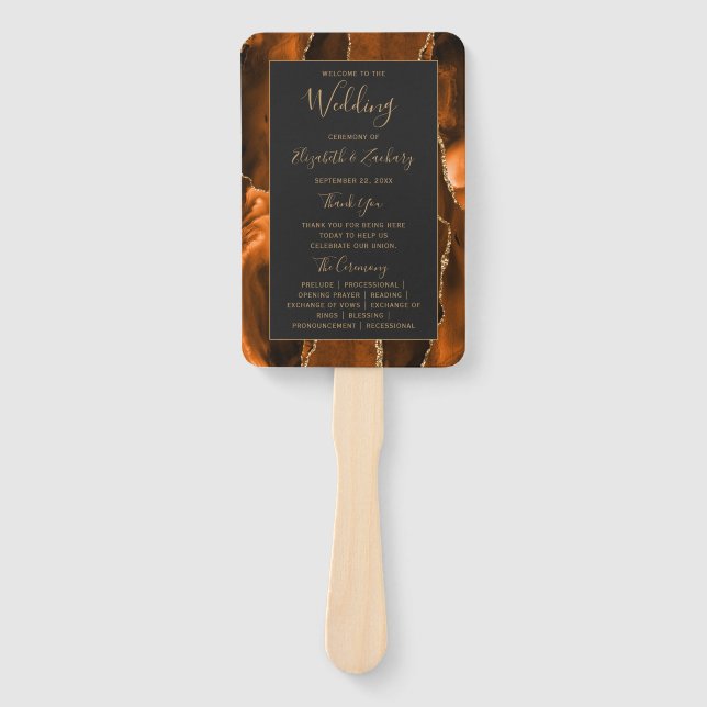 Burnt Orange Gold Agate Dark Wedding Program Hand Fan (Front)