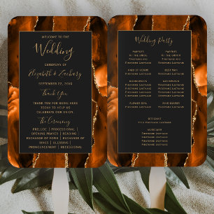 Burnt Orange Gold Agate Dark Wedding Program Hand Fan