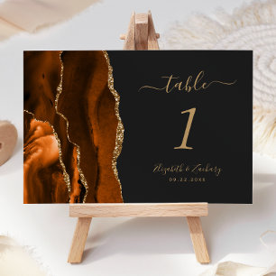 Burnt Orange Gold Agate Dark Wedding Table Number