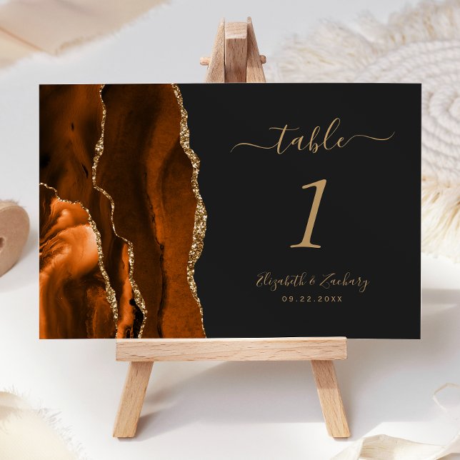 Burnt Orange Gold Agate Dark Wedding Table Number (Creator Uploaded)