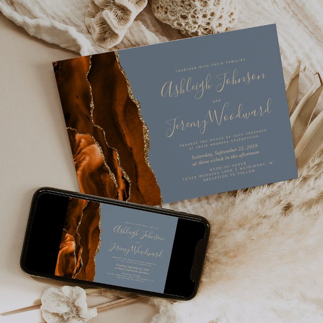 Burnt Orange Gold Agate Dusty Blue Wedding Invitation (Creator Uploaded)
