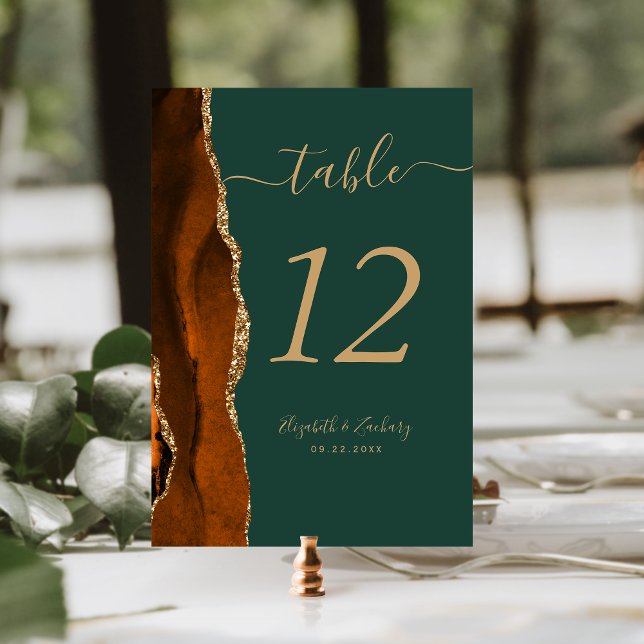 Burnt Orange Gold Agate Green Wedding Table Number (Creator Uploaded)