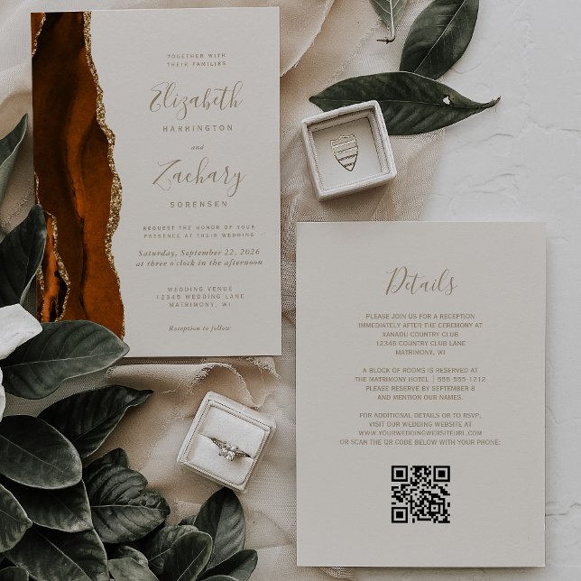 Burnt Orange Gold Agate Ivory QR Code Wedding Invitation (Creator Uploaded)