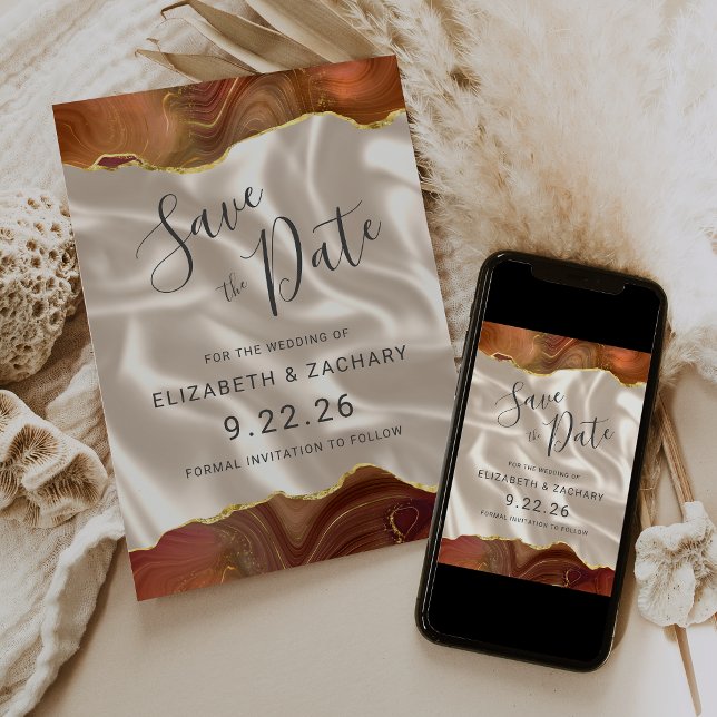 Burnt Orange Gold Agate Ivory Silk Save the Date (Creator Uploaded)