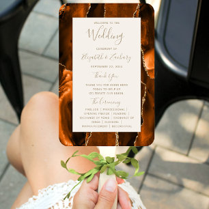 Burnt Orange Gold Agate Ivory Wedding Program Hand Fan