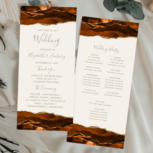 Burnt Orange Gold Agate Ivory Wedding Programme (Creator Uploaded)