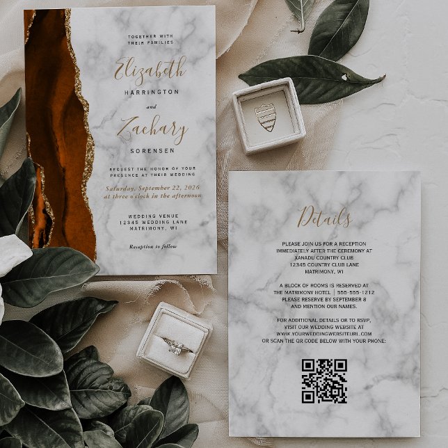 Burnt Orange Gold Agate Marble QR Code Wedding Invitation (Creator Uploaded)
